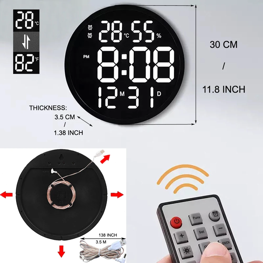 Reloj de pared Led Digital grande de 10 o 12 pulgadas,Reloj de alarma dual,calendario, brillo inteligente, humedad, termómetro de temperatura,