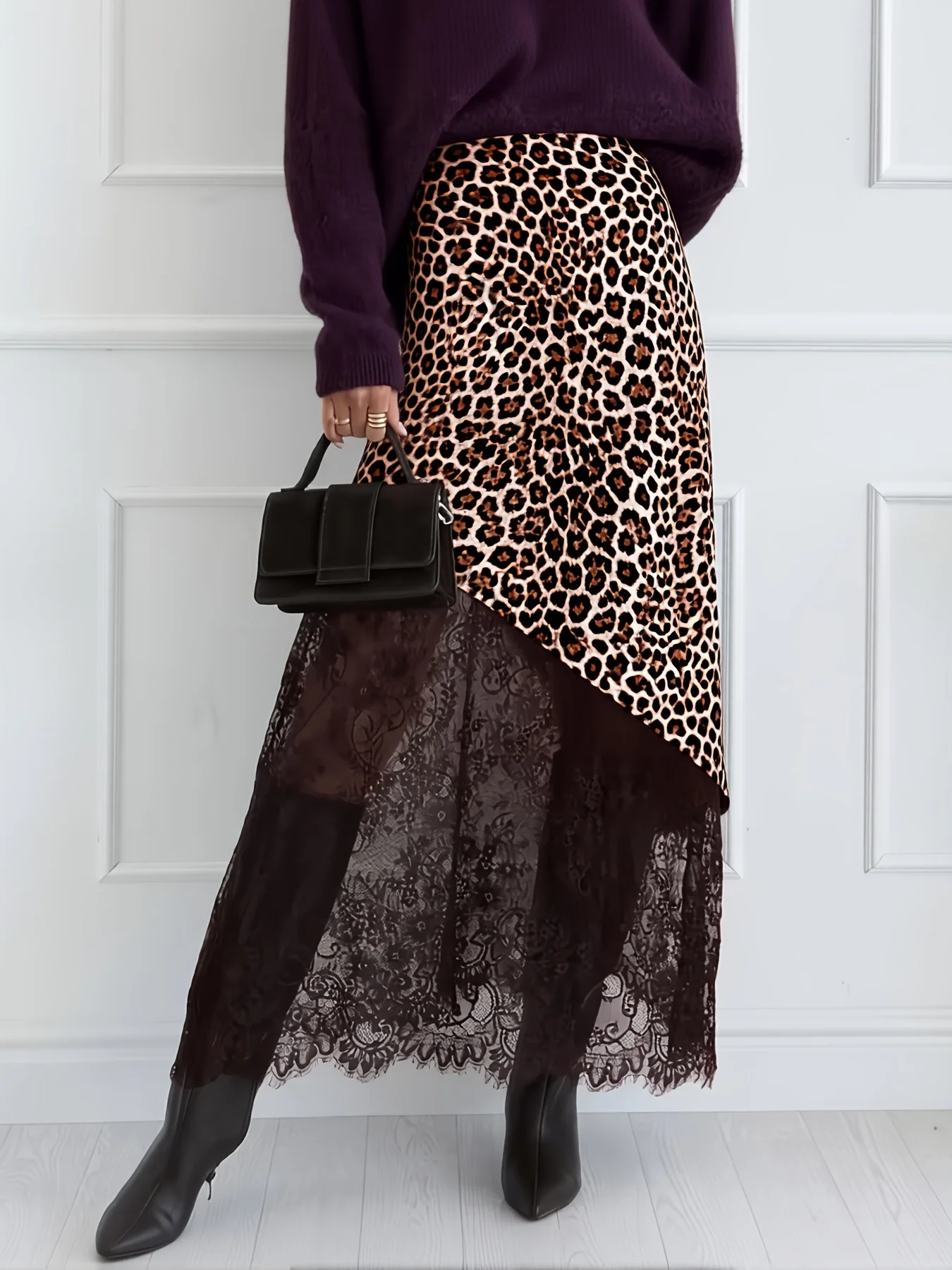 Ladies Leopard Print Asymmetric Skirt High Waist Lace Splice Long Skirt Vintage Elegant Women A‑Line Midi Bottoms