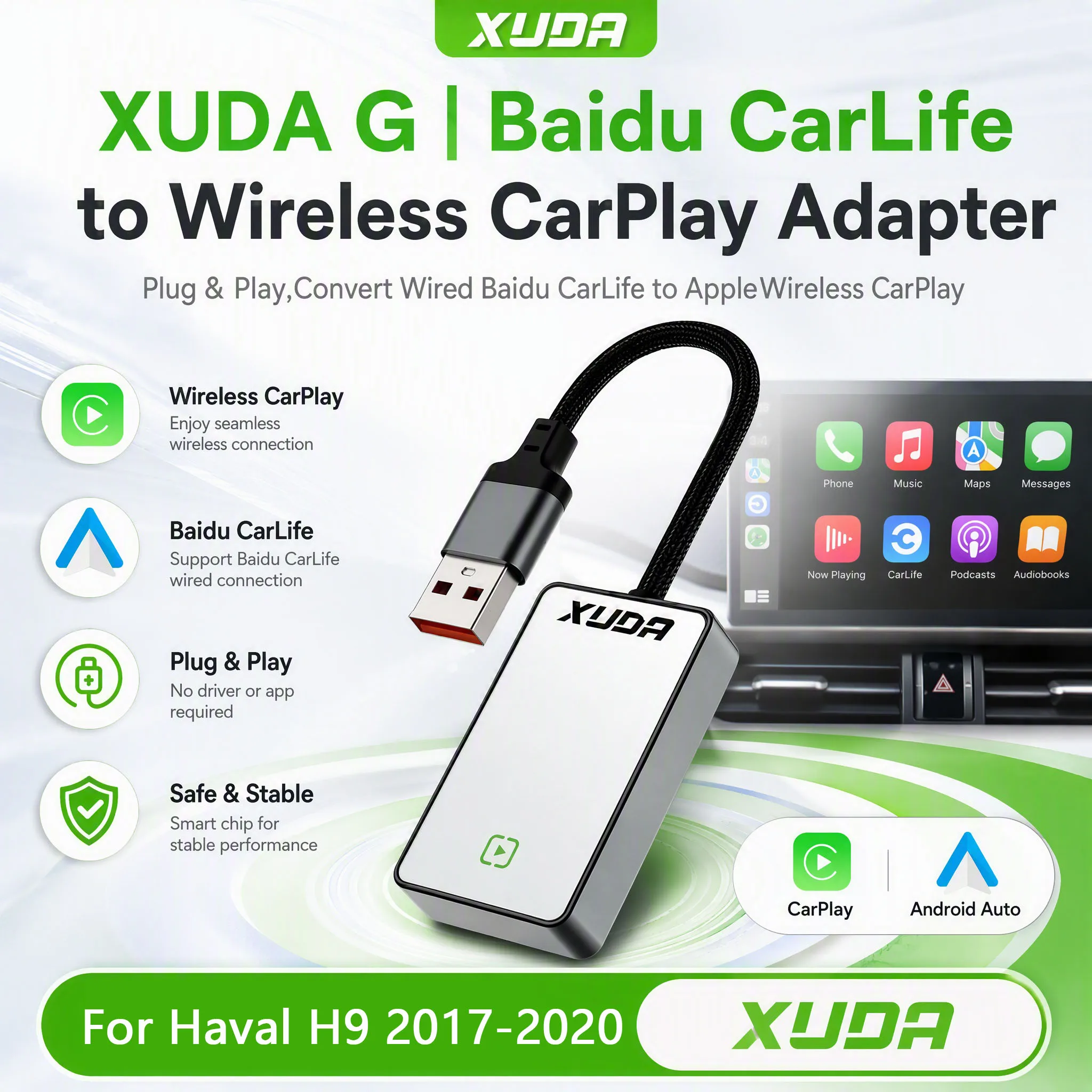 XUDA Smart Box For Haval H9 CarPlay and Android Auto Baidu CarLife Navigation Music Calls Google Map WiFi and BT,plug-and-play.