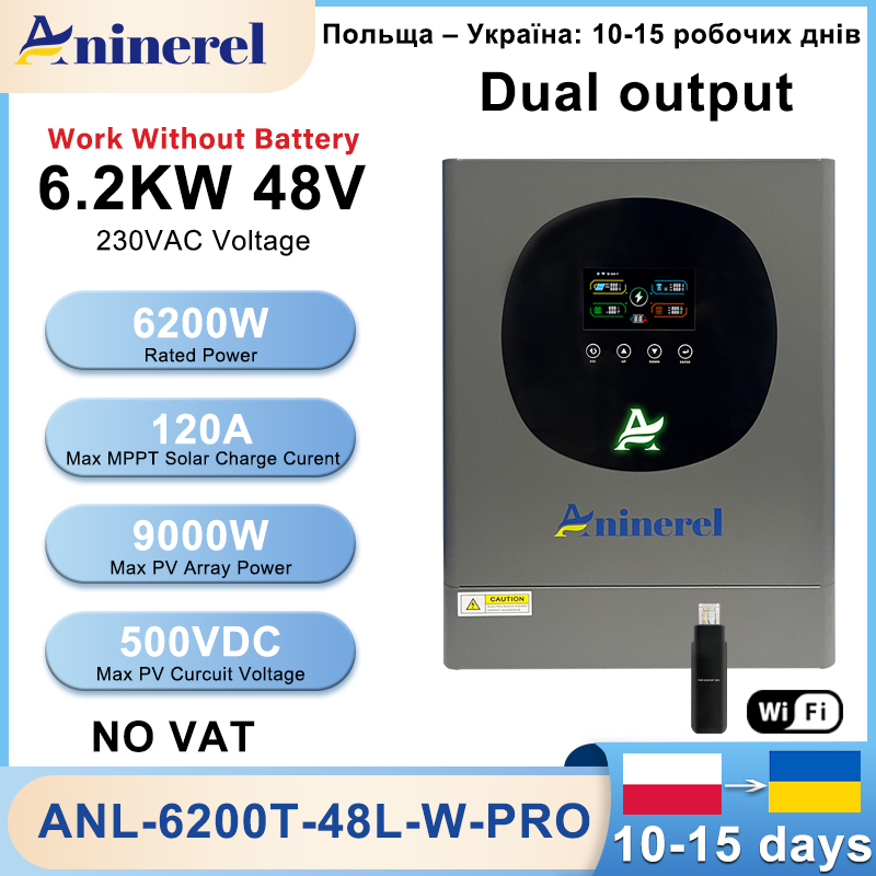  Aninerel 4.2KW 24V 6.2kw 48V Hybrid Solar Inverter Dual Output Color LCD Display With RGB Lighting MPPT 120A 100A PL EU In Stock 