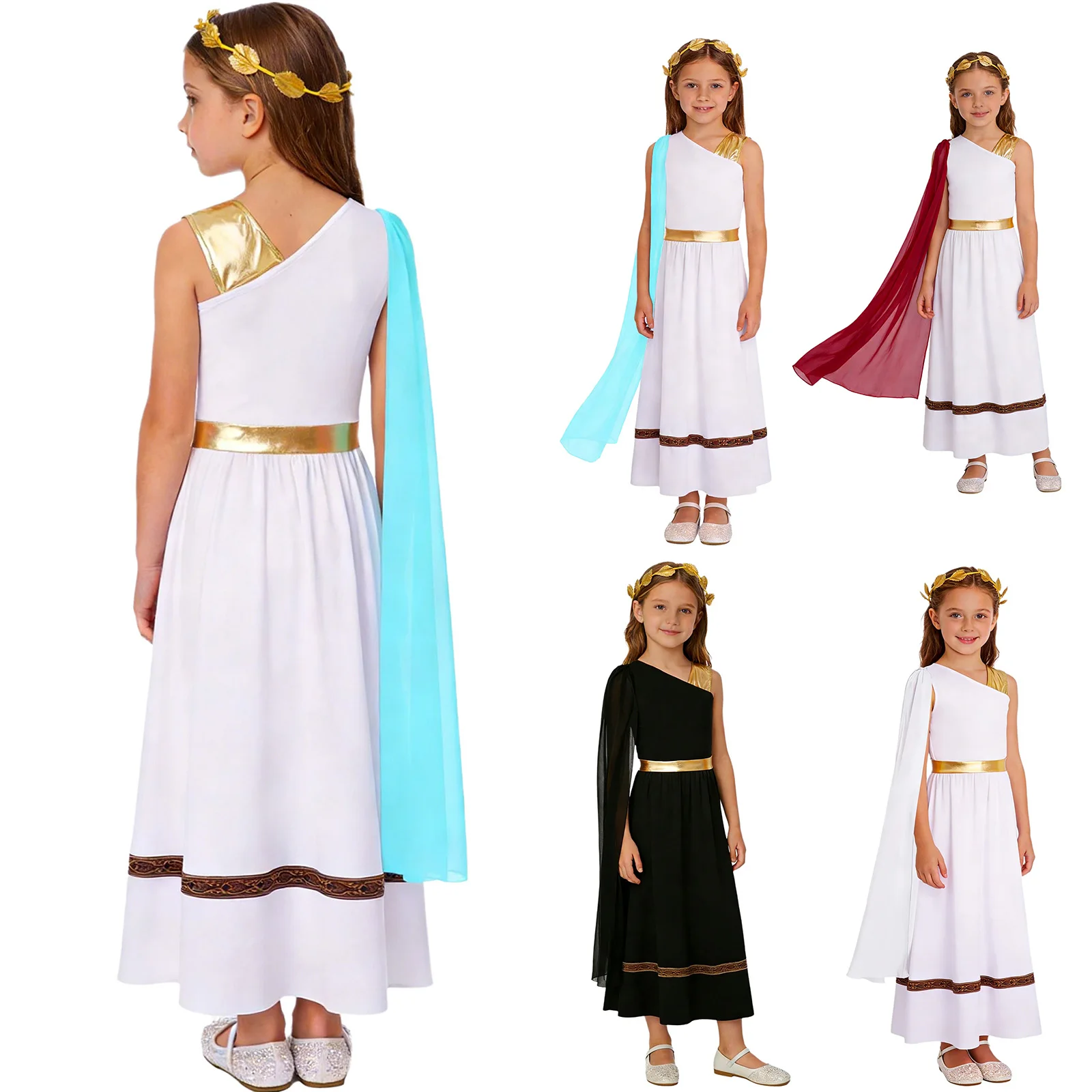 Kids Girls Greek Roman Athena Costume Metallic Sleeveless Shawl Cape Dress Leaf Garland Headwear for Halloween Stage Performance