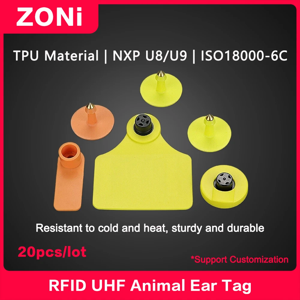 ป้ายแท็ก RFID UHF สำหรับสัตว์ ป้ายแท็กหูสำหรับสุกร โค แกะ และม้า ป้ายแท็ก RFID UHF ระยะไกลสำหรับการจัดการปศุสัตว์ 20 ชิ้น