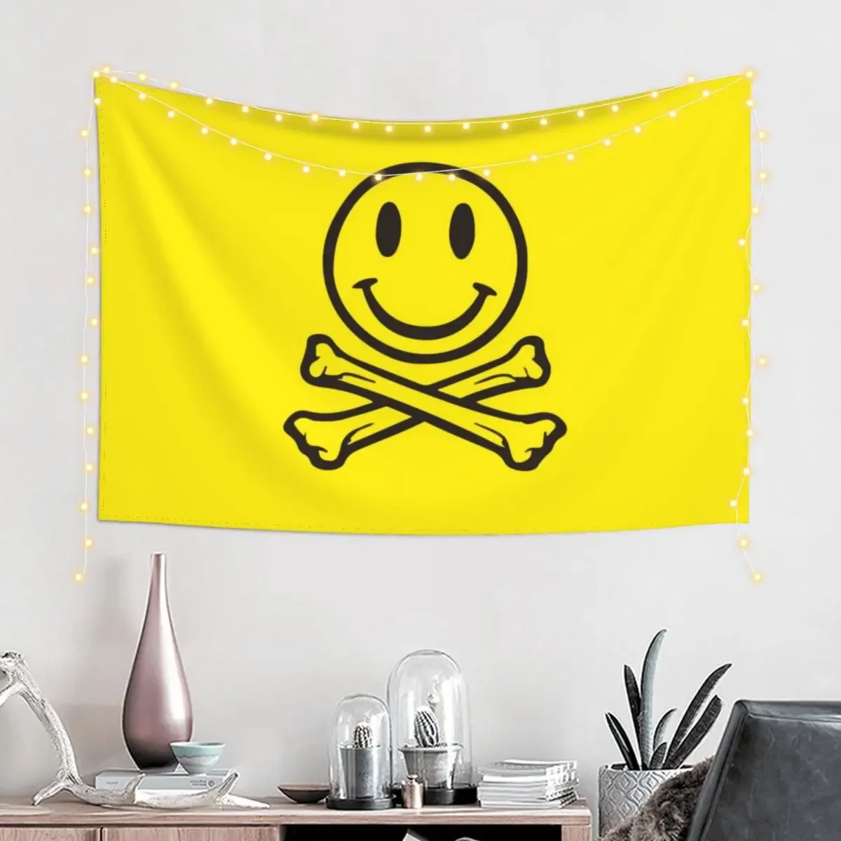 Acid house smile face with crossed bones. For ravers and techno djs. Tapestry Decor Home Room Decor Cute Tapestry