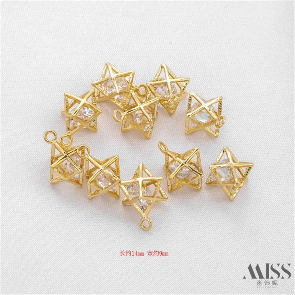 

14-каратное золото, полая шестиугольная звезда, циркон, кулон, аксессуары для самостоятельного изготовления, цепочка, подвеска, ювелирный материал ручной работы