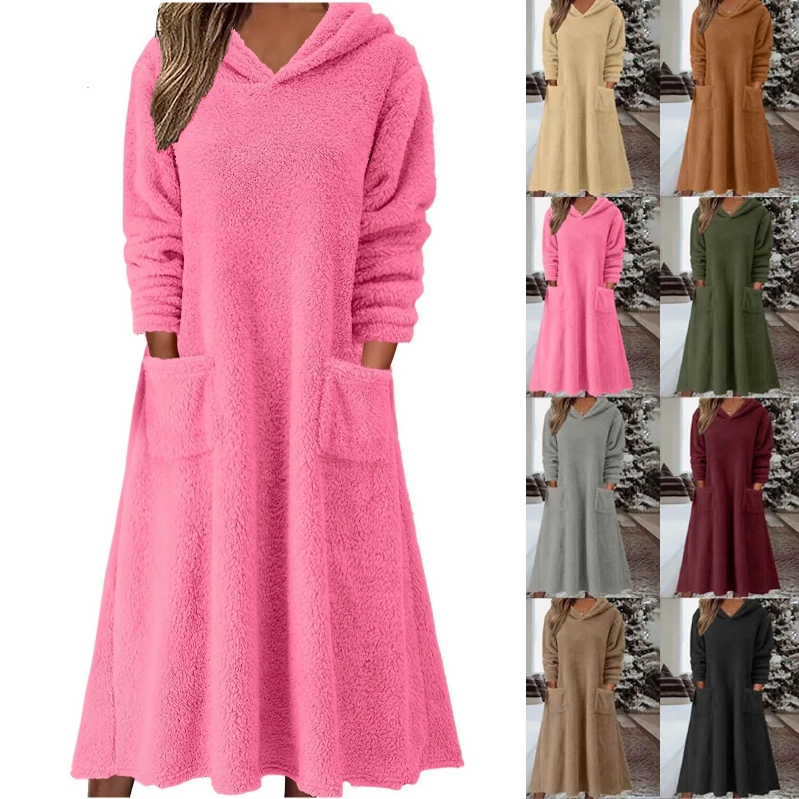 Women Loose Fleece Sweatshirt Dress Autumn Hoody Long Sleeve Double Side Pocket Homewear Warm Velvet Baggy Dresses