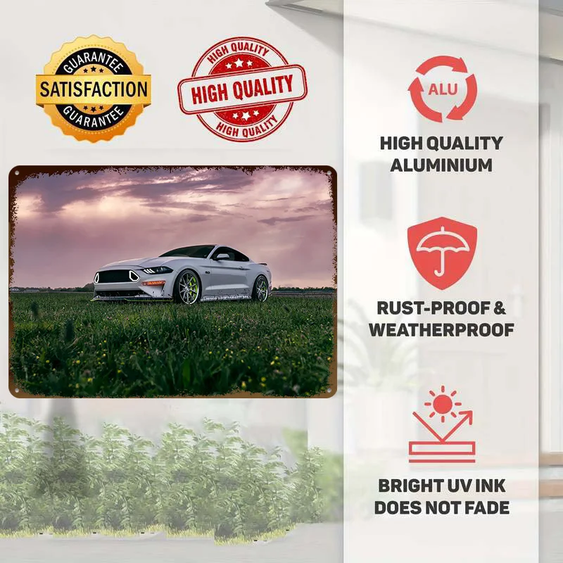 White Sports Mustang in a Field Metal Poster Customized Wall Art Retro Vintage Metal Signs for Man Cave Decoration Bedroom House