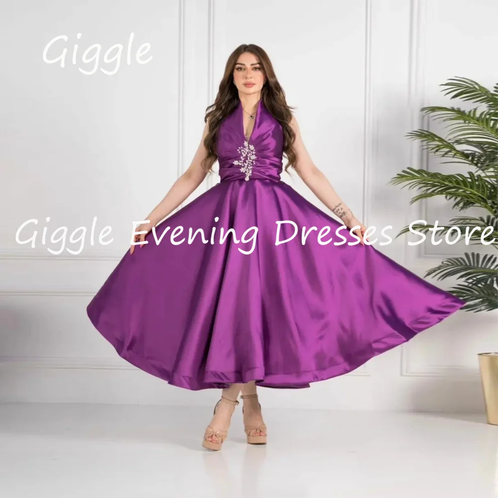 

Giggle Satin A-line Halter Appliques Ruffle Popular Formal Elegent Prom Gown Ankle Length Evening Party Dresses for Women 2023