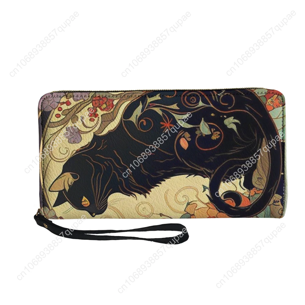 Retro literary Noble Black Cat Custom Wallet Purse Mens Womens Teenagers Zipper Long Wallets Double Print  Portable Wallet Bag