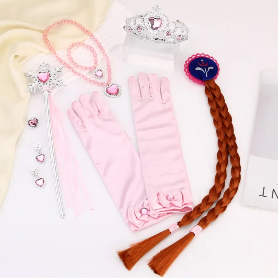 Snow Queen Cosplay Accessories Little Girls Diamond Snowflake Magic Wand with Ribbon Braid Princess Crown Kids Photography Props