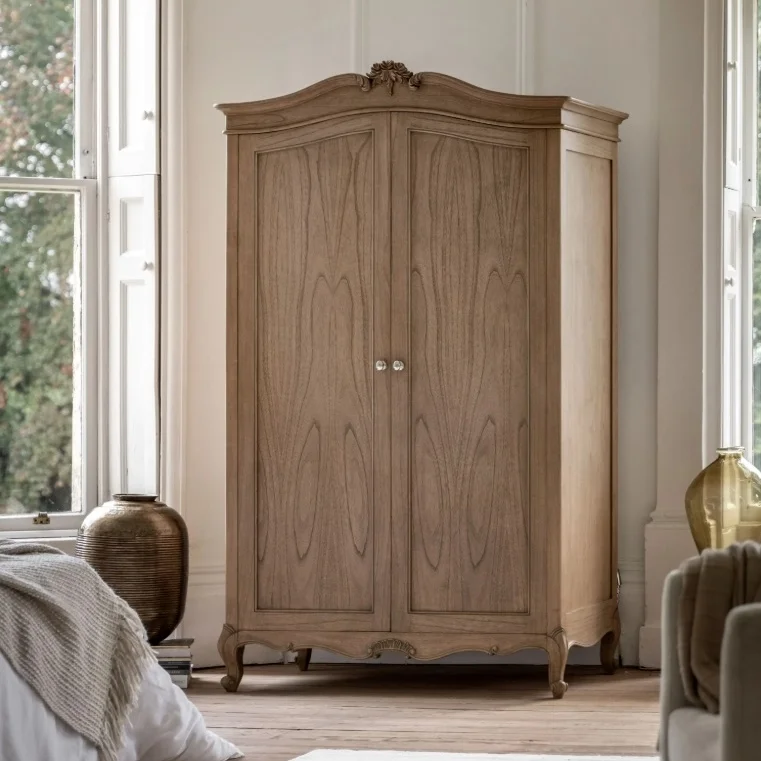 ^French Provincial Solid Wood Armoire, Vintage Hand-Carved 2-Door Wardrobe with Curved Legs for Bedroom Storage