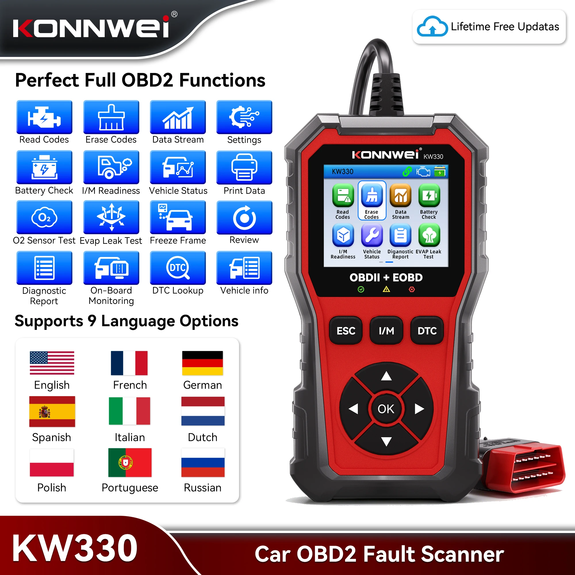 KONNWEI KW330 Car OBD2 Scanner Engine Fault Code Clear Battery Test Real-Time Data Professional Automotive OBDII Diagnostic Tool