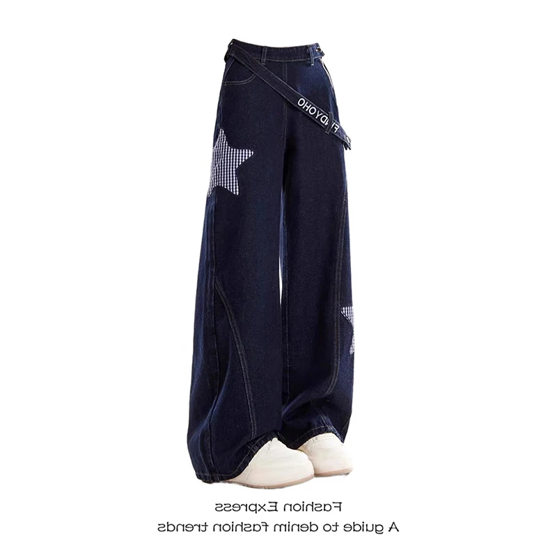

ZHIZOU Women Blue Star Casual Jeans Baggy Y2K Japanese Harajuku High Street Aesthetic 2000S Style Vintage Pants Jeans Clothing