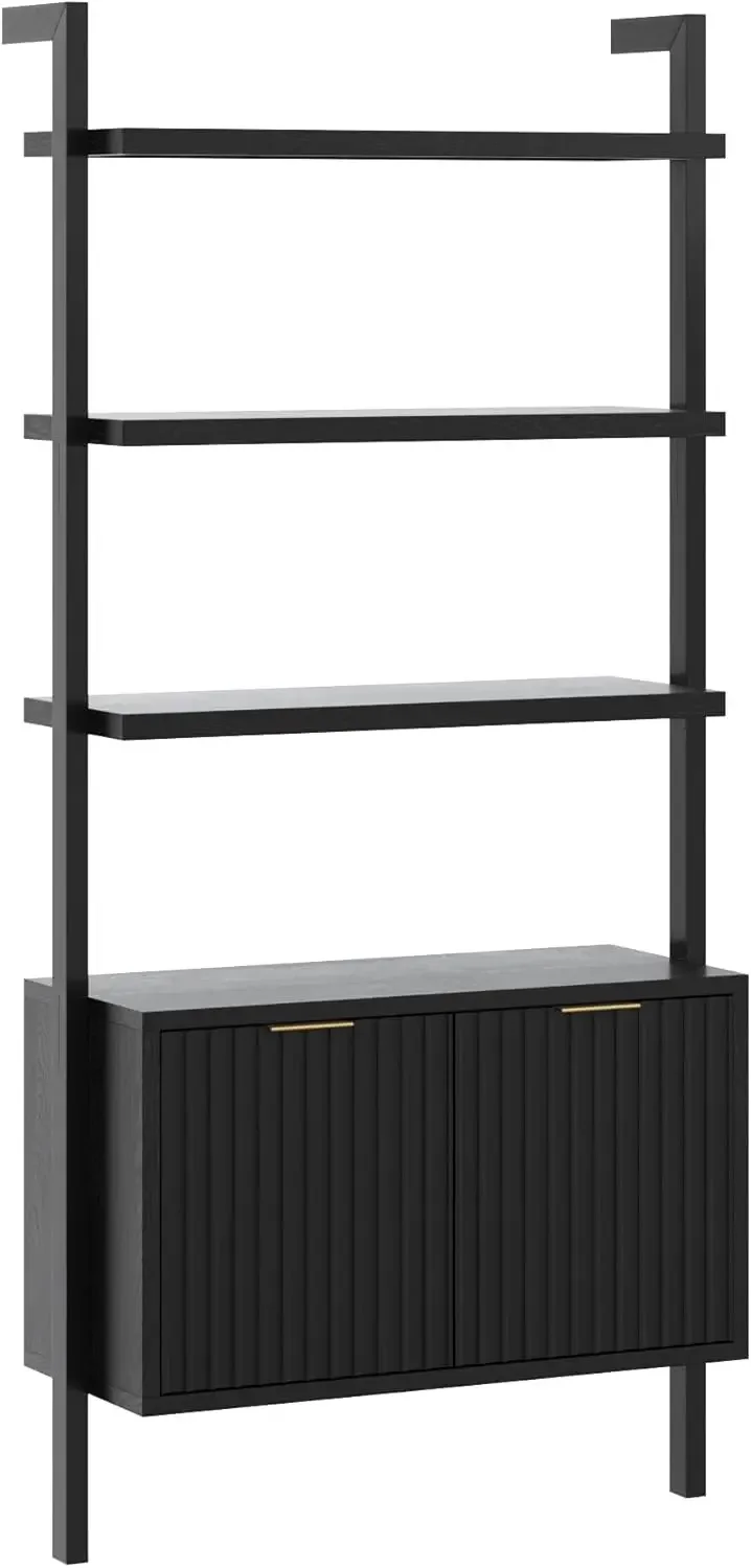 3-Shelf Solid Wood Bookshelf, Wall Mounted Bookshelf with Cabinet with Fluted Doors, Black Oak