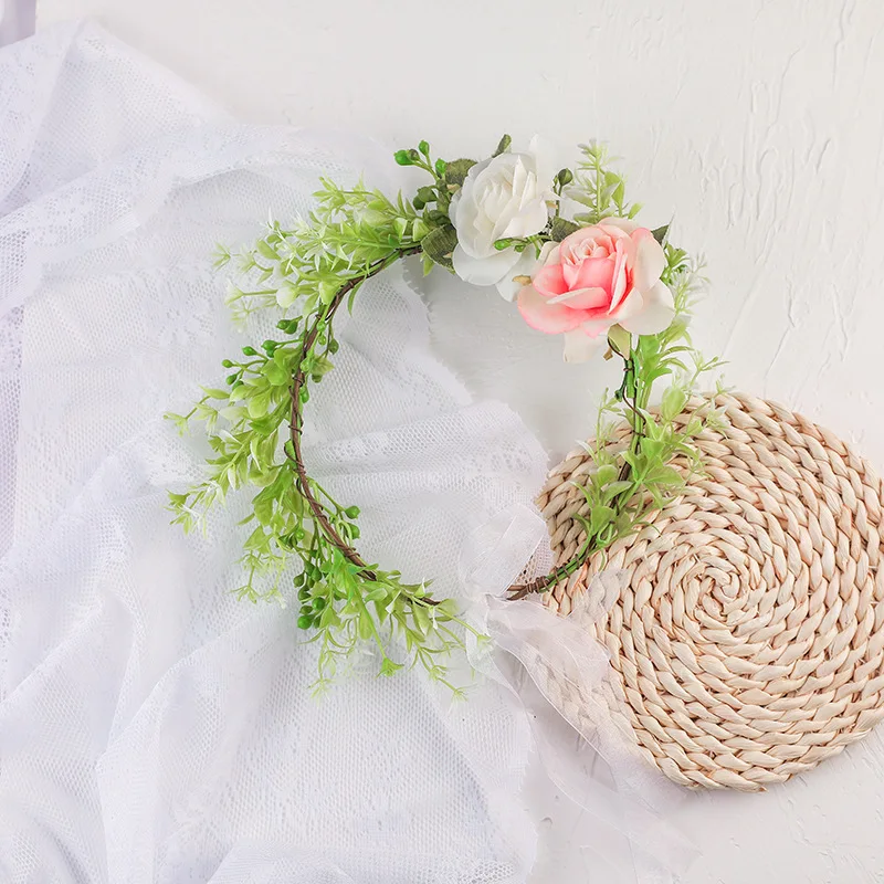 

New Artifical Rose Flowers Garland Simple Bridal Headwear Greenary Hairbands for Women Marriage Accessories