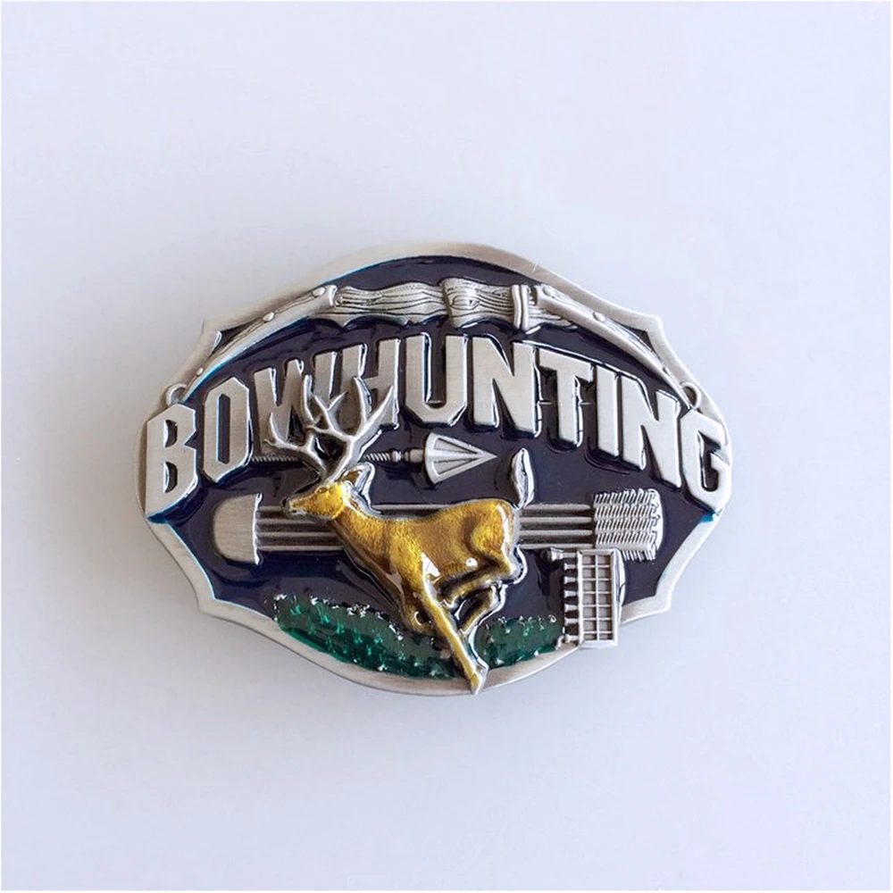 Antique Silver Enamel Vintage Bowhunting Deer Western Oval Belt Buckle BUCKLE-AN004