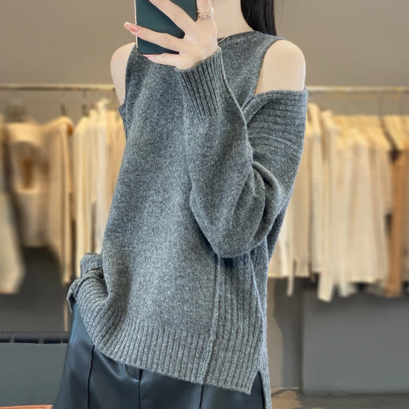 ผู้หญิง 100% เสื้อขนสัตว์บริสุทธิ์รอบคอหลวม Off-The-Shoulder ถัก Pullovers แฟชั่น WARM PIT Strip เสื้อฤดูใบไม้ร่วงเสื้อหนา