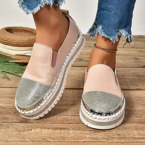 Le Fu Shoes Женские новые туфли Lazy Shoes на толстой подошве Белые туфли Женские одинарные туфли с плоской подошвой Water Diamond