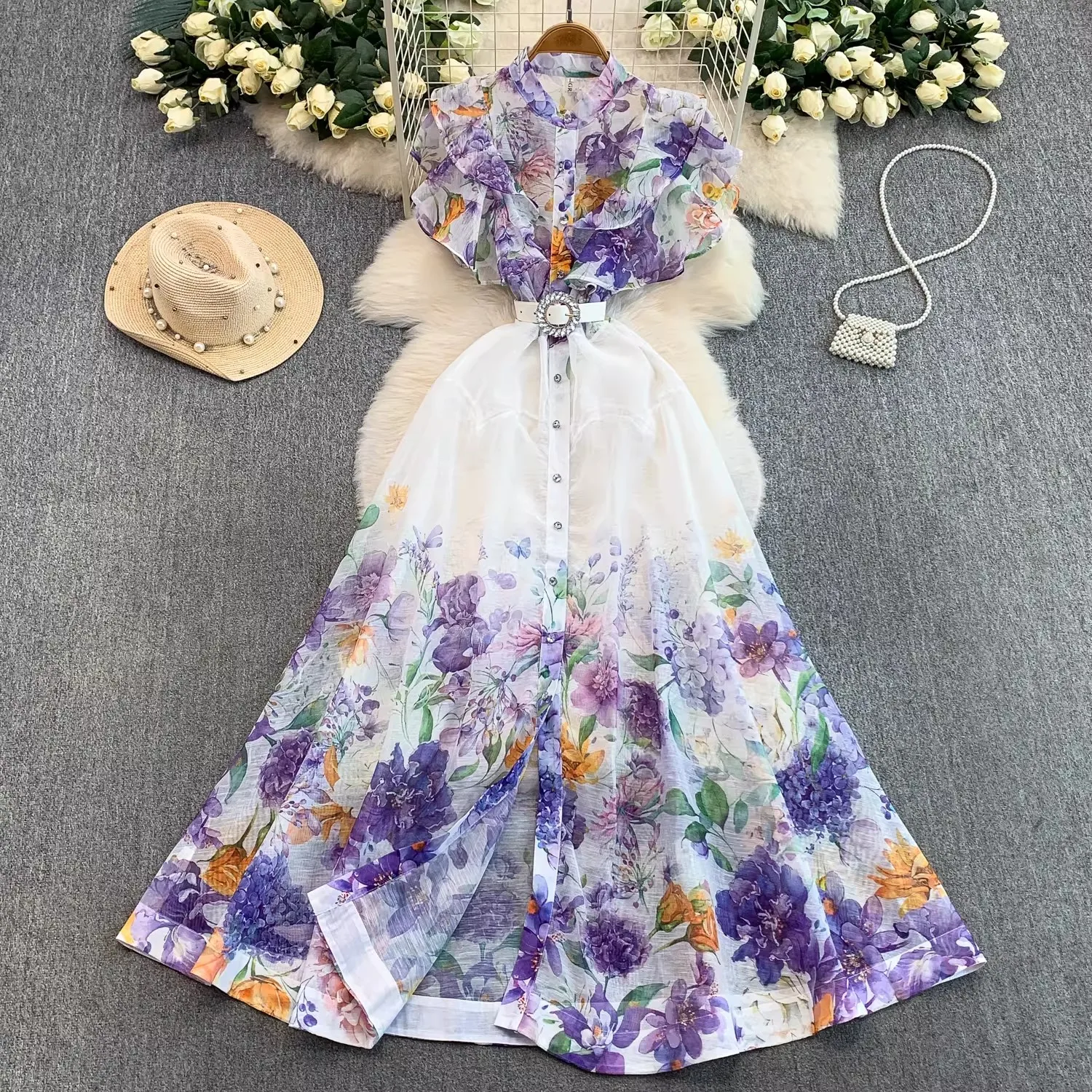 

2026 Summer Holiday Ruffles Long Dresses for Women Floral Print Flying Sleeve Stand Collar Female Elegant Vestidos Chiffon Maxi