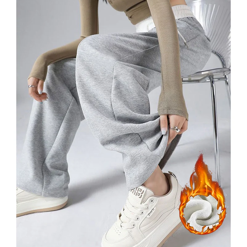 Winter Lady High Waist Thermal Fleece Pants Women Fashion Plush Straight Leg Trousers Girls Snow Warm Loose Daily Pants