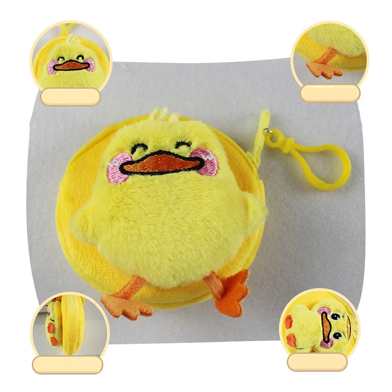 Cartoon Women Plush Little Yellow Duck Zero Wallet Cute Coin Purse Zip Plush Headphone Bag Wallet Storage Bag Key Holder