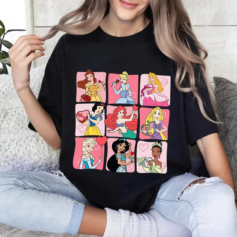 رائجة البيع 2025 ديزني الأميرة عيد الحب مطبوعة المرأة تي شيرت القطن الخالص قصيرة الأكمام رداء علوي غير رسمي هدية عيد