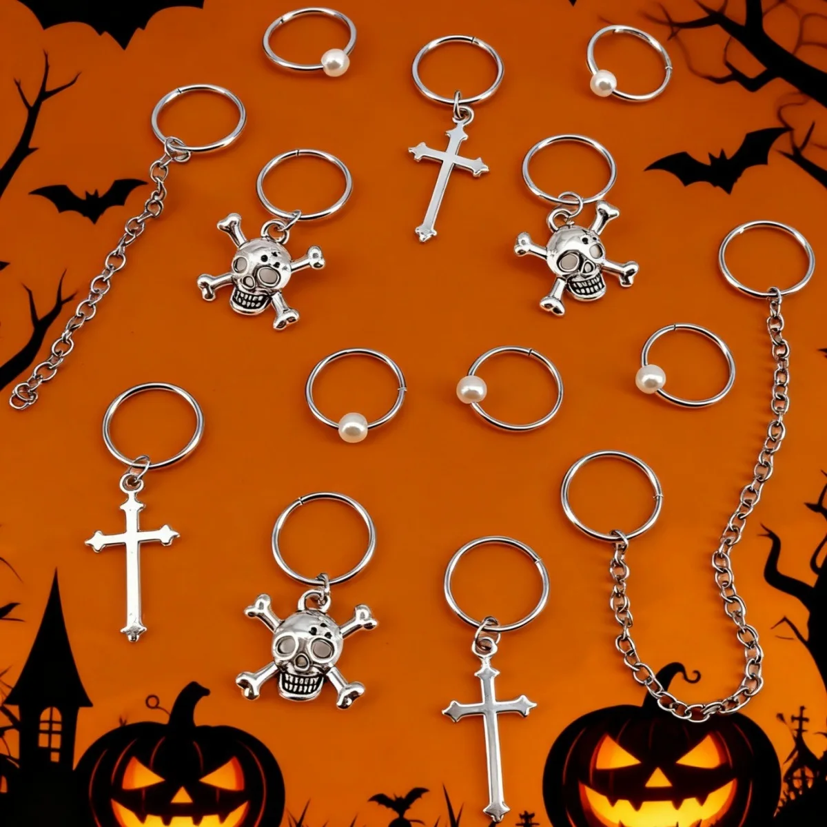 13 Pcs Gothic Dreadlock Hair Hoops Cross Skull Chain Fine Metal Alloy for Halloween Festival Party Hair Decoration