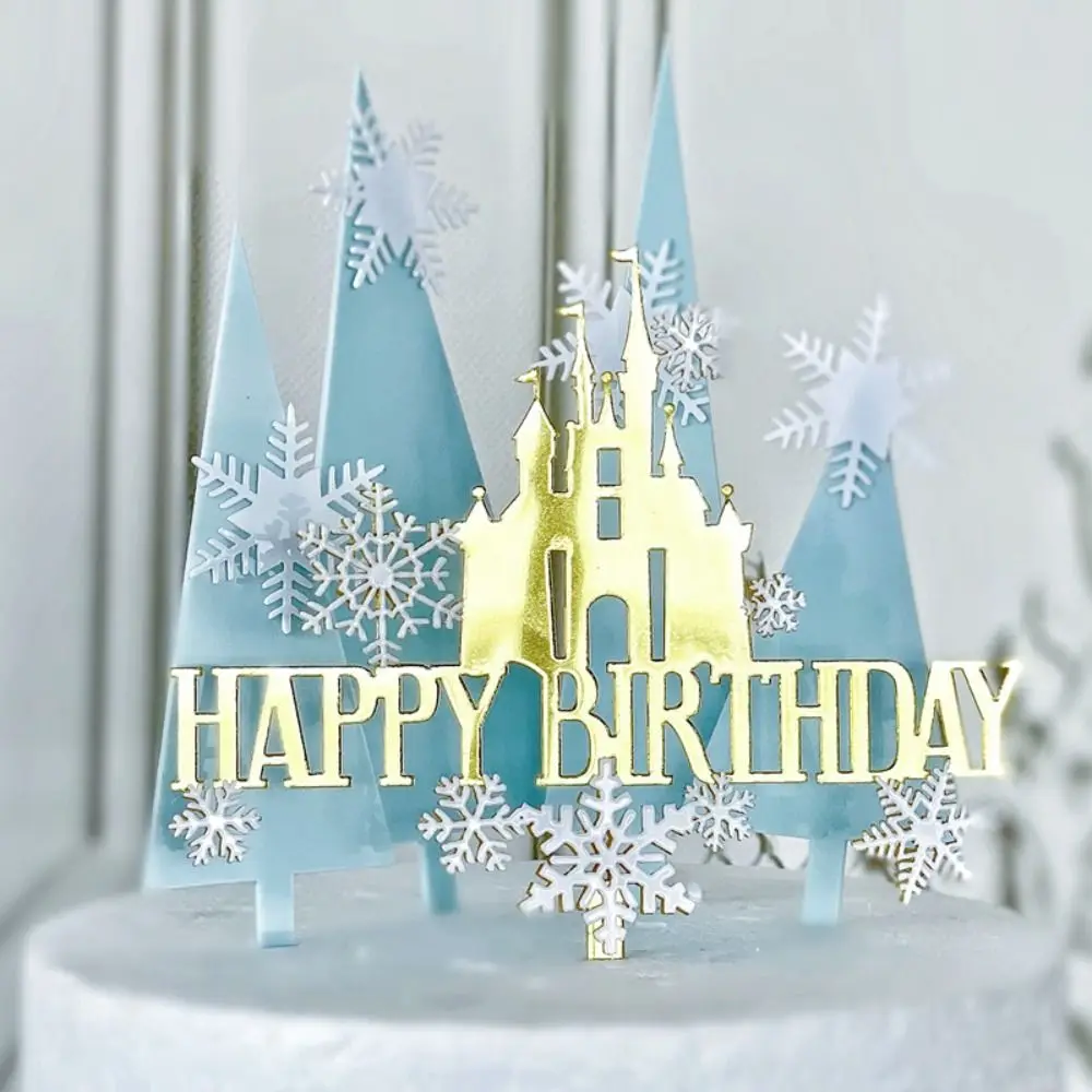 Snow Castle Cake Topper Acrylic Frozen Princess Happy Birthday Flags For Girls Childs Cartoon  baking Cake Decoration