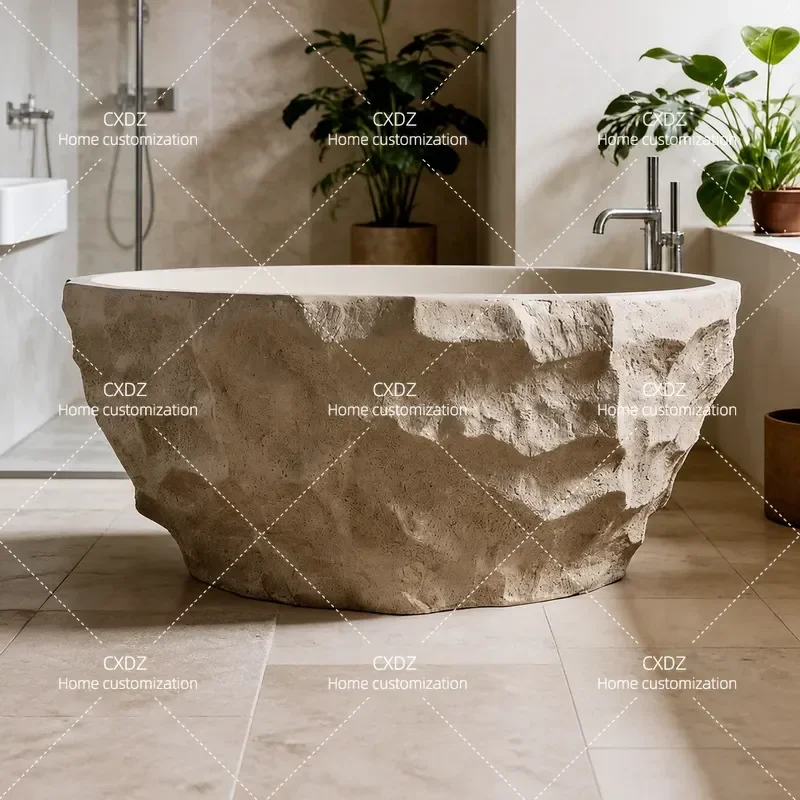 Wabi Sabi Style Round Double Bathtub Natural Travertine Granular Texture Creative Art Bath Villa Hotel B&B Independent Design
