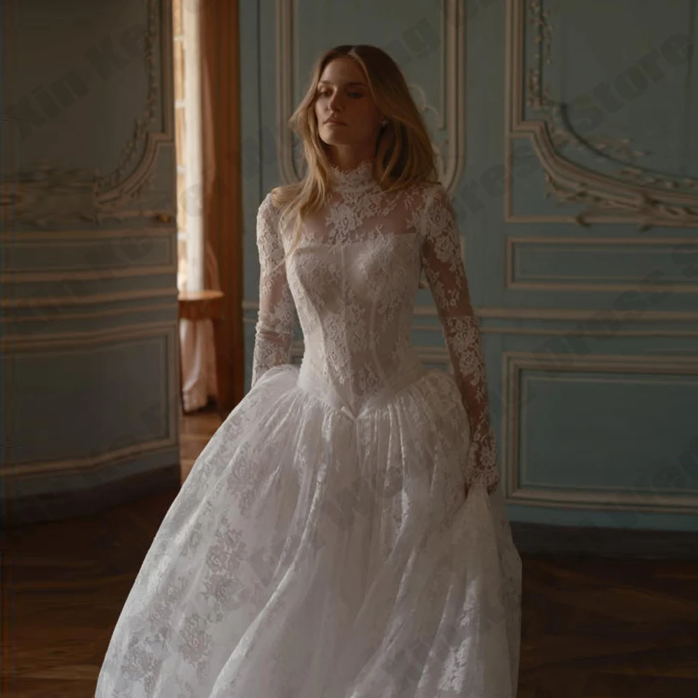 2027 Bohemian Women's Bridal Dress High Neck Long Sleeve Lace A-line Princess Wedding Dresses Customized Vestidos De Novia Robe