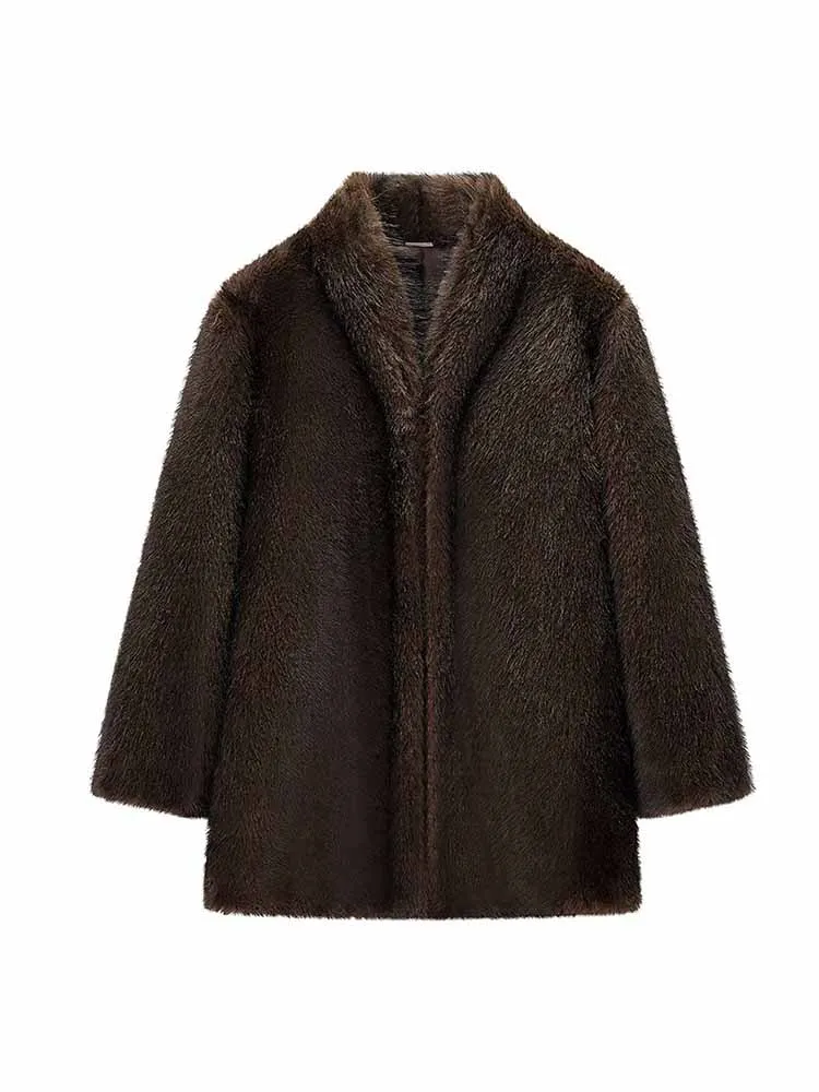 HH Frau Winter Mode Einfarbig Warme Künstliche Pelz Lange Ärmel Stehkragen Lose Mantel Weibliche Casual Street Style Jacke