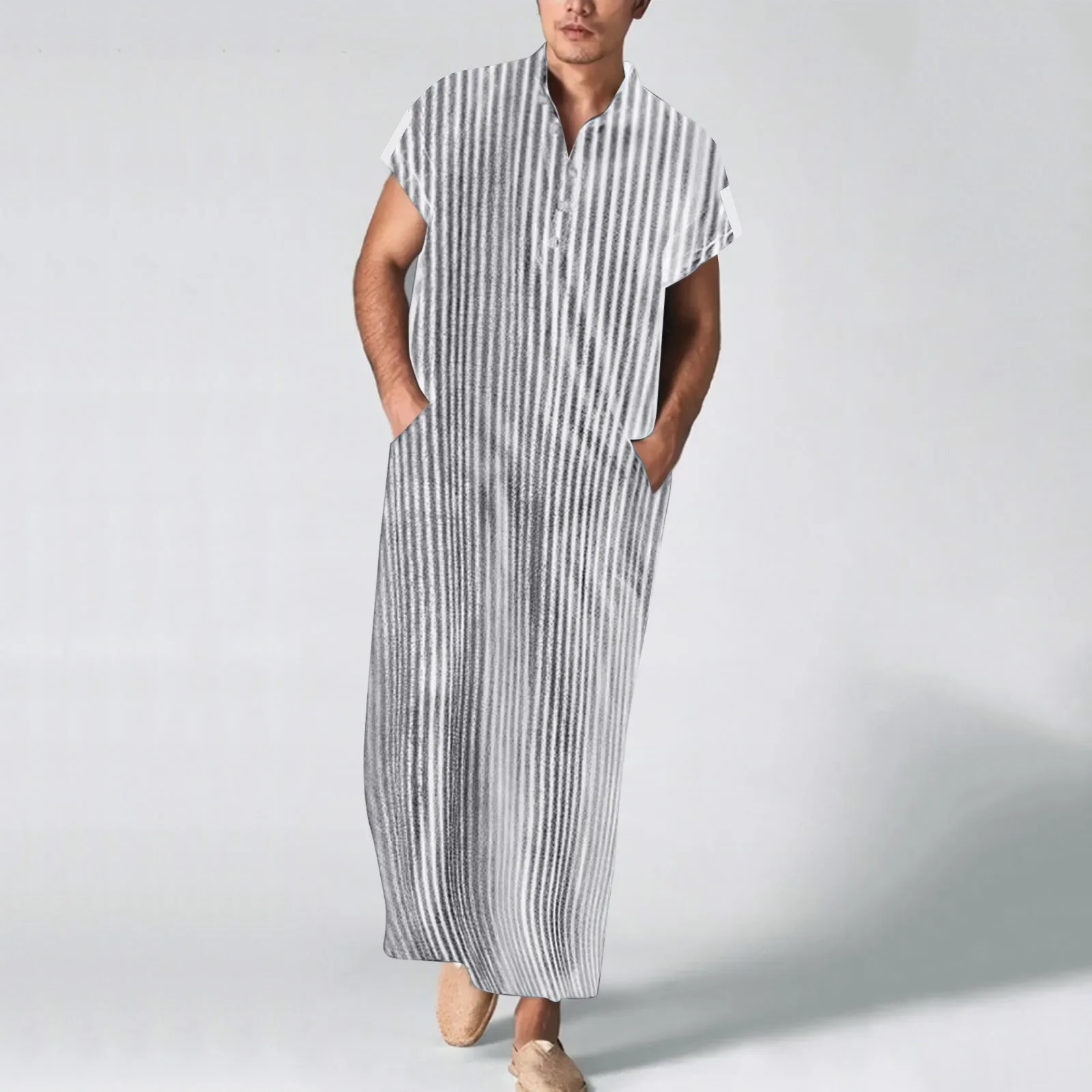 Men's Casual Button-down Long Sleeve V-neck Nightgown Fashion Homewear Loose Fit Striped Premium Pajamas 2024 New Muslim Robe