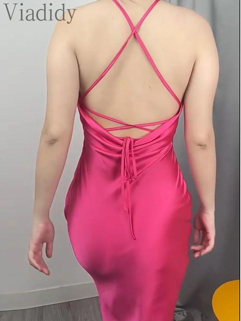 여성용 섹시한 단색 홀터 민소매 밴디지, 레이스업 백리스 할로우 아웃, 인어 새틴 파티 원피스