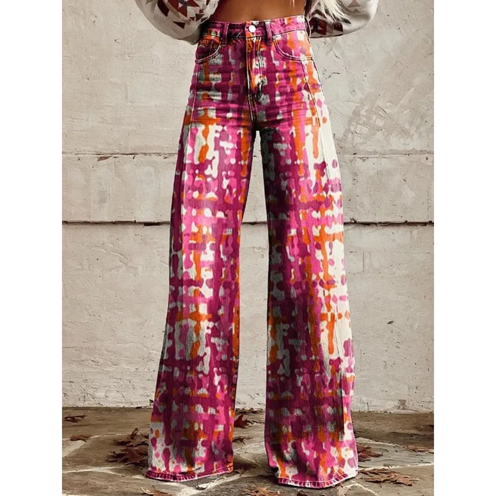 Damen Y2K Tie-Dye Graffiti-Print Hose mit hoher Taille und weitem Bein, Farbverlauf, Streetwear, lässige, lockere Hose mit Taschen, XXS-3X – Detail 6
