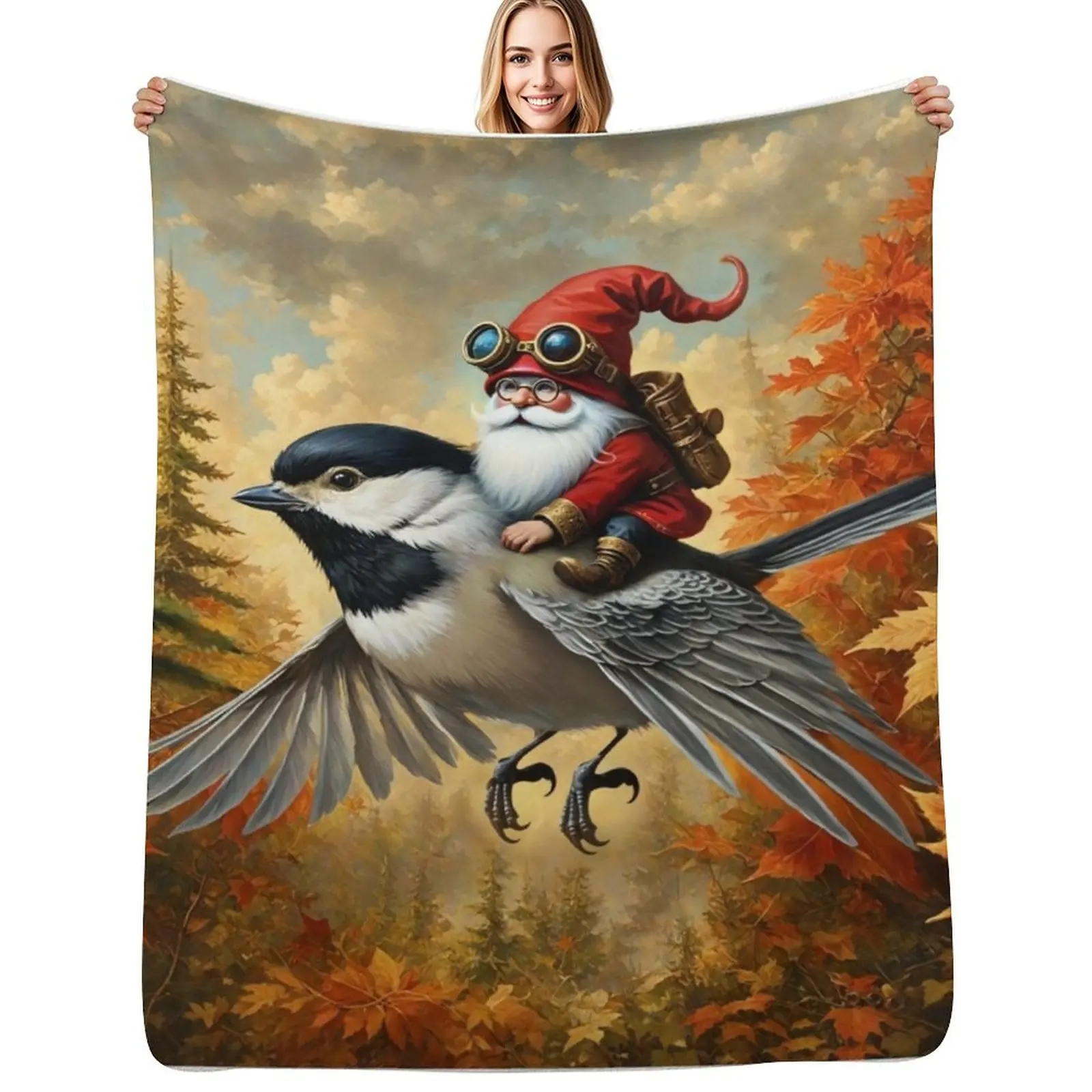 Gnome Rider on a Chickadee Throw Blanket Soft Plush Blanket as Housewarming Gift