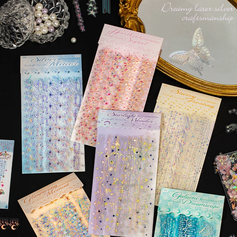 Mr.Paper 20Pcs/Pack Starlight Series Laser Silver PET Long Strip Stickers Holographic Star Decor for Journal DIY Scrapbook Album