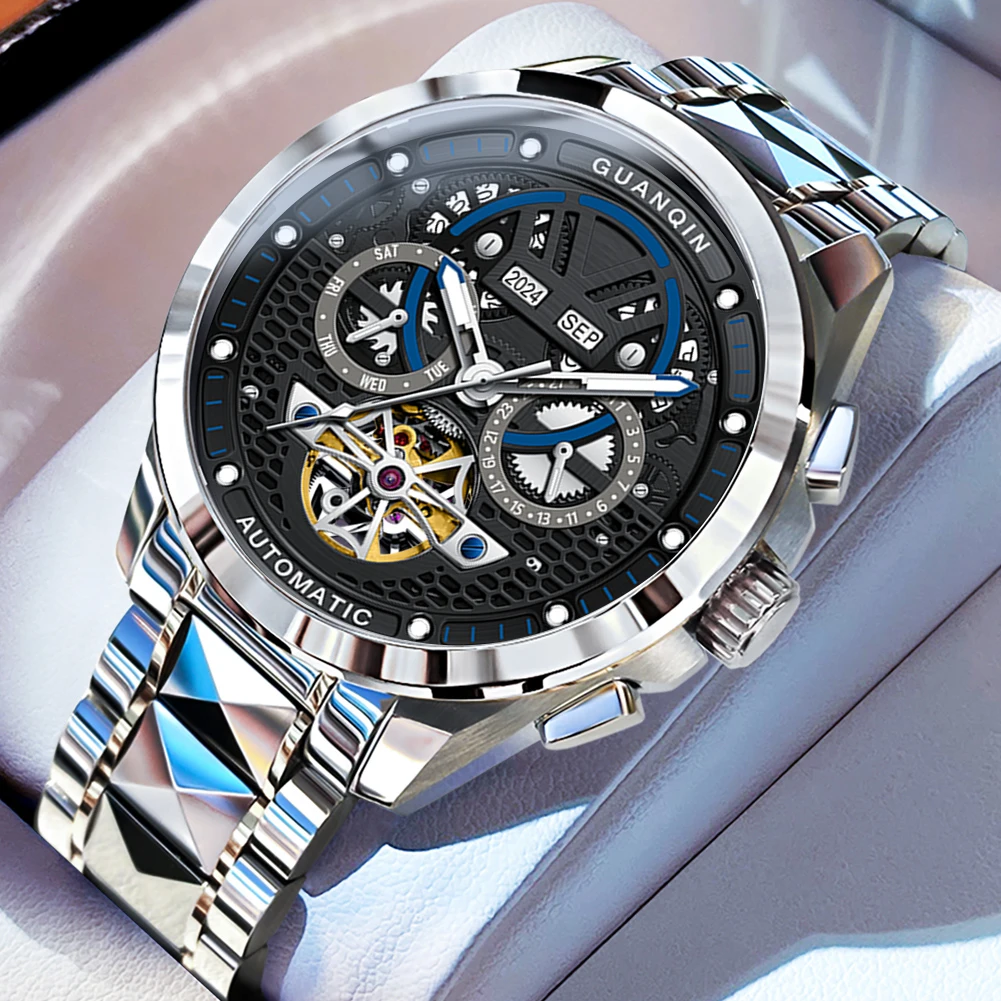 GUANQIN Men's Watches Luxury Fashion 316L Fine Steel Original Automatic Wristwatch Hollow Out Mechanical Flywheel Calendar New