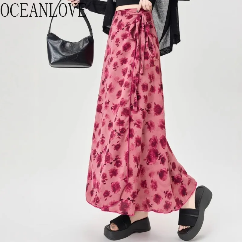 

OCEANLOVE Spring Summer Floral Long Skirts French Style Vintage Sweet Women Skirt Fashion Elegant A-line Bandage Faldas Mujer