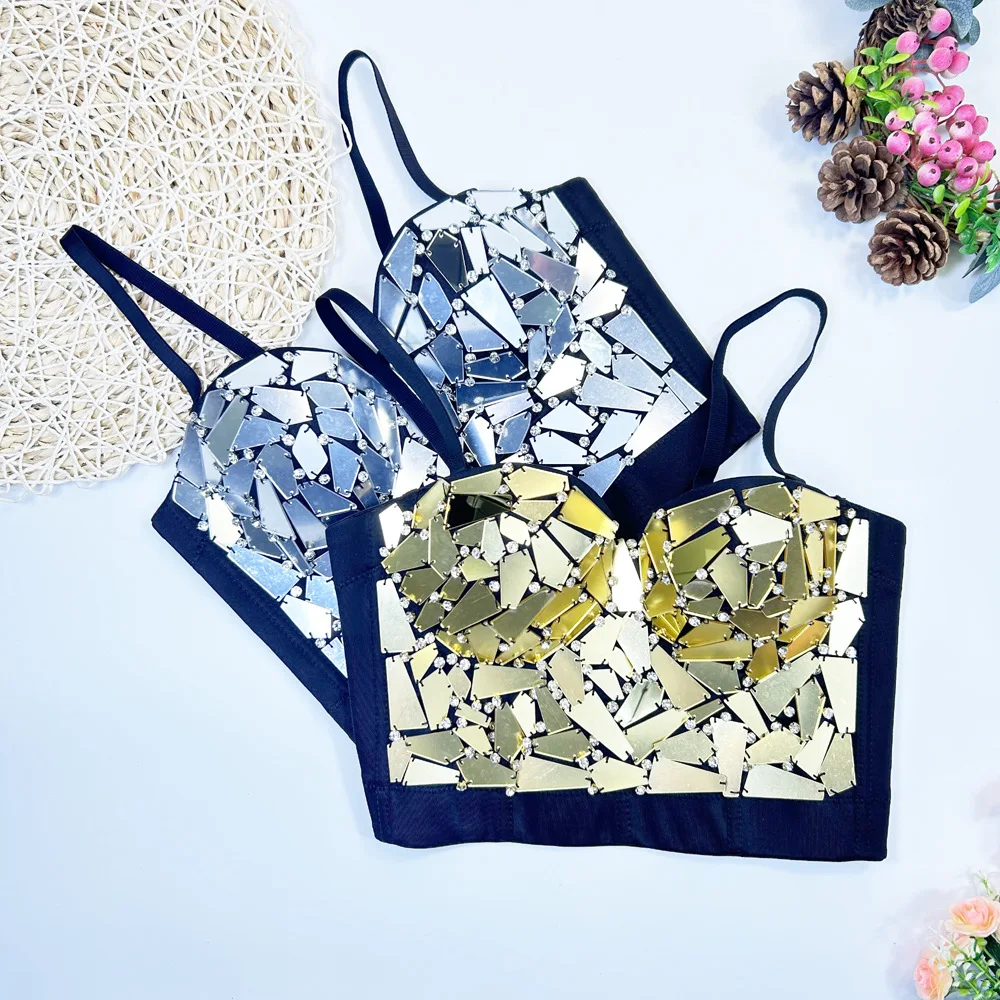 Sparkling Rhinestone Acrylic Beaded Bustier Mirror Lens Fishbone Halter Top Sexy, Form-Fitting, Slimming Party Dress