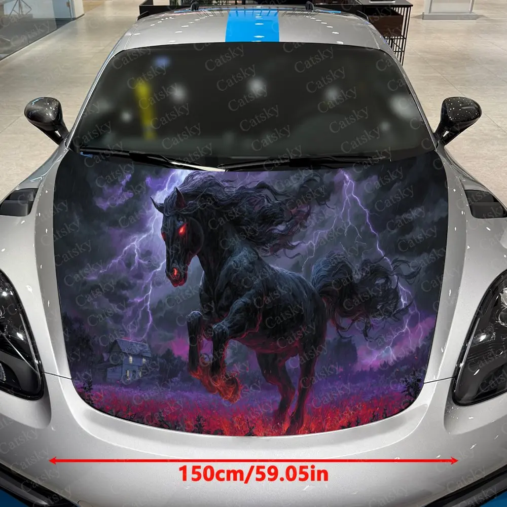 Purple Lightning Burning Wild Steed Car Vinyl Wrap, PVC Waterproof Car Hood Sticker, Self-Adhesive Scratch-Resistant Stickers