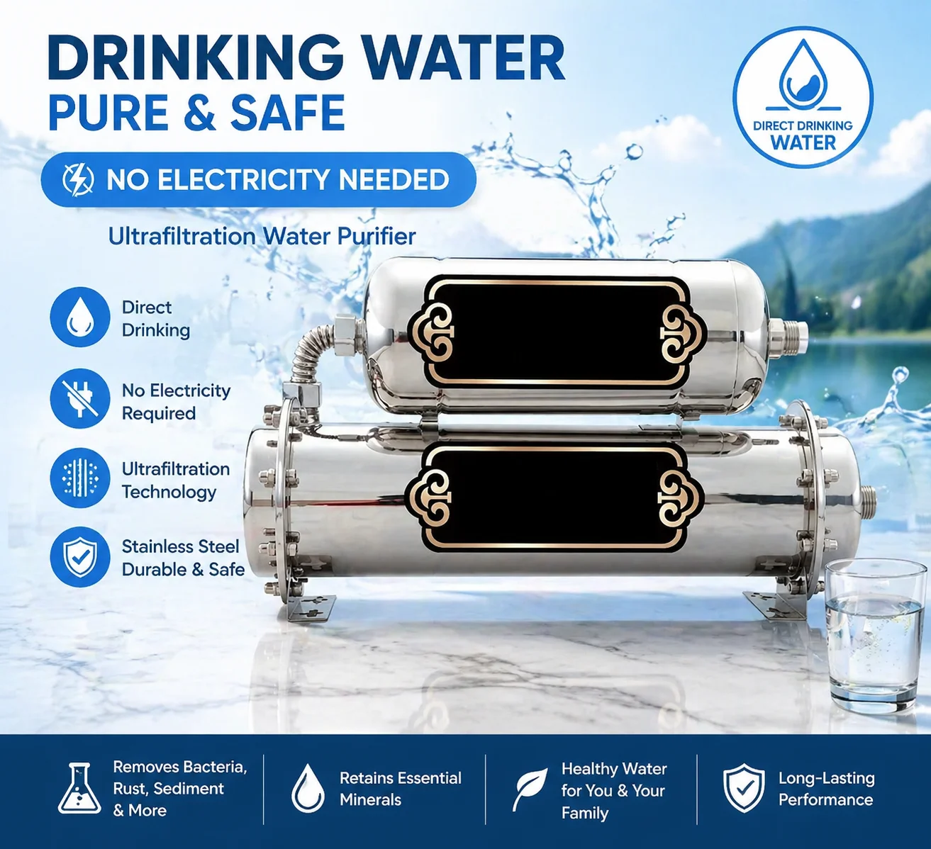 Home Direct Drinking Water Purifier System, Stainless Steel Kitchen Mother-Son Ultrafiltration Water Filter