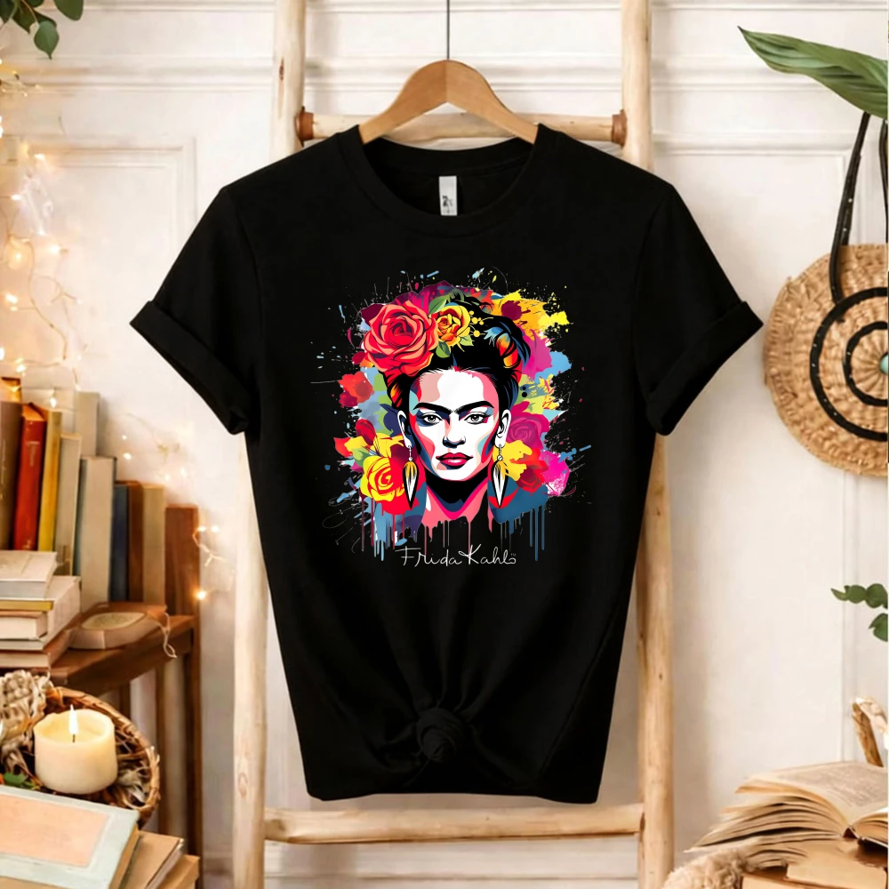 Camiseta Casual com Estampa Vibrante de Pintura Estilo Kahlo, Arte Floral Moderna, Presente para Amantes de Arte e Fãs de Frida Kahlo, Variedade de Itens