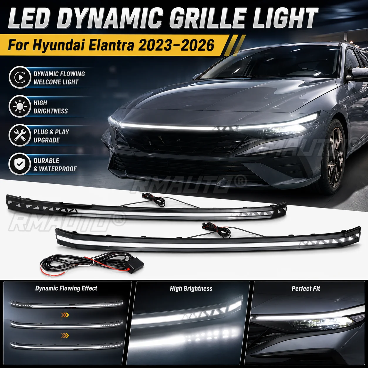 LED Dynamische Kühlergrill-Lichtleiste Fließendes Willkommenslicht-Set für Hyundai Elantra 2023-2026 Auto-Zubehör