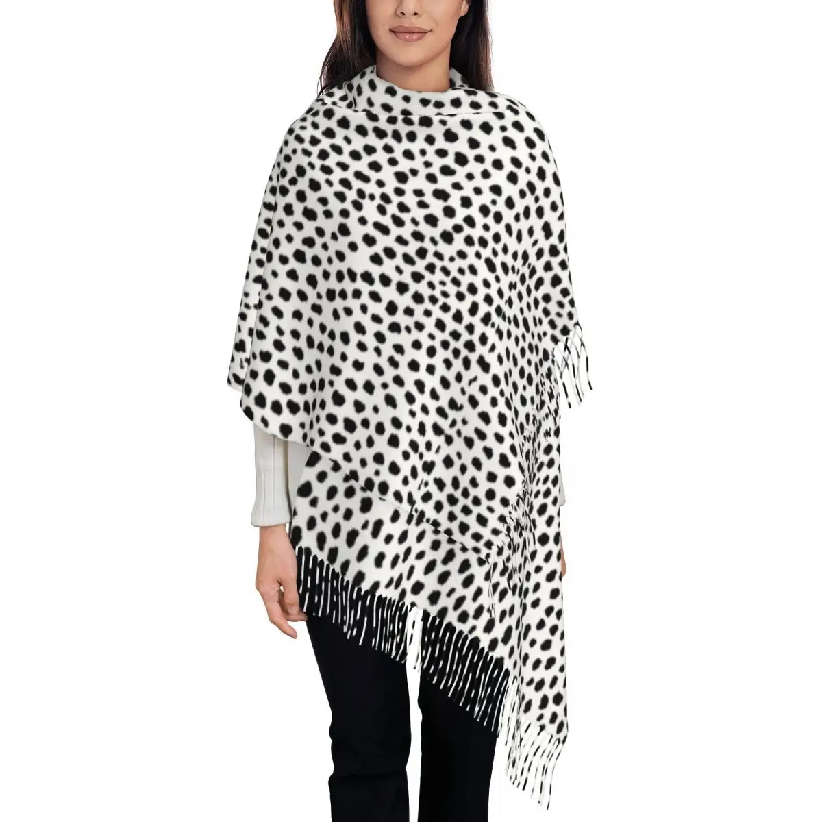 Dalmatian Spots Black White Shawls Wraps for Women Winter Large Long Scarf Animal Print Pashminas Tassel Scarves