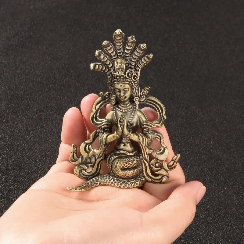 Chinese Style Brass Buddhist Statue Home Decor Ornament Antique Nine-Snake Nuwa Creation Dragon Goddess Brass Decoration Craft