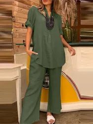 Women's Summer Solid Color Short Sleeved Sexy V-neck Top Straight Leg Wide Leg Pants Casual Elegant Loose Clothing Pants Set