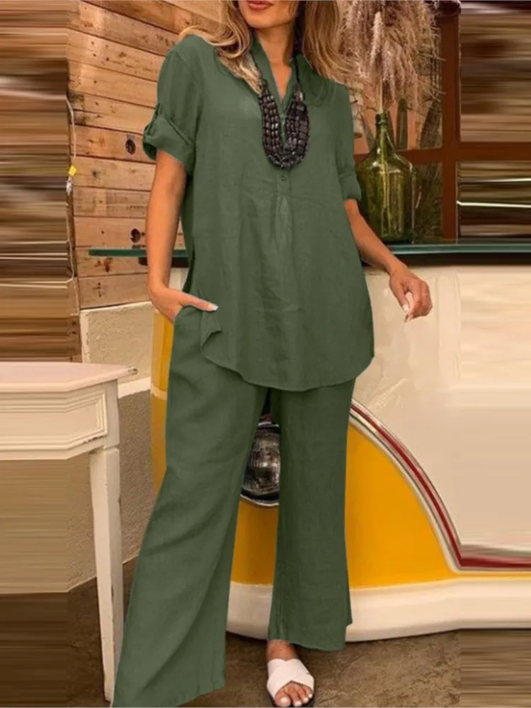 Women's Summer Solid Color Short Sleeved Sexy V-neck Top Straight Leg Wide Leg Pants Casual Elegant Loose Clothing Pants Set