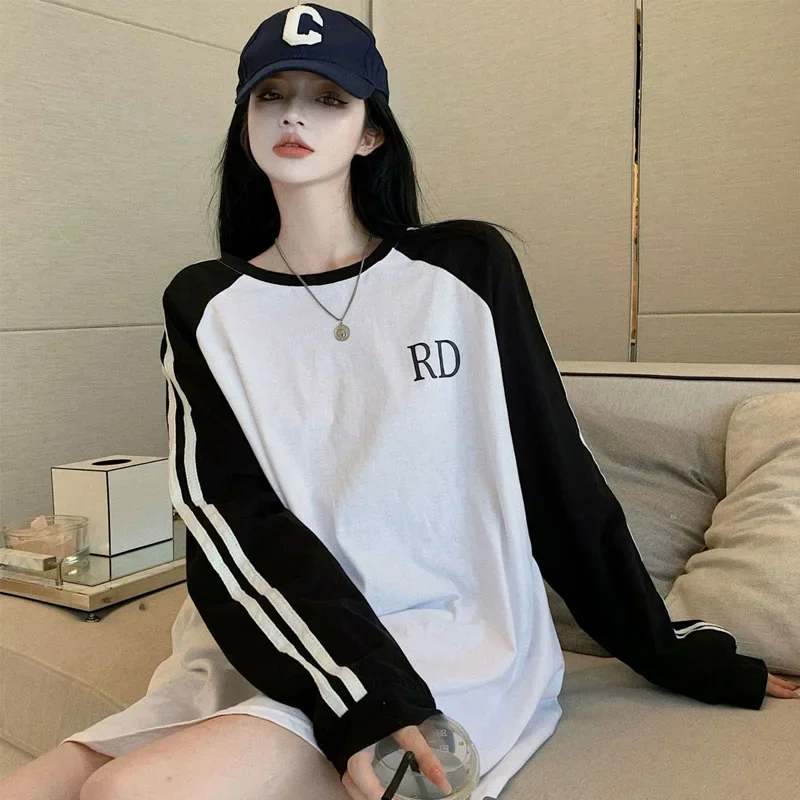 Spring New Patchwork Striped Loose T Shirt Tops Long Sleeve Round Neck All-match Pullovers Trend Korean Fashion Women Clothing