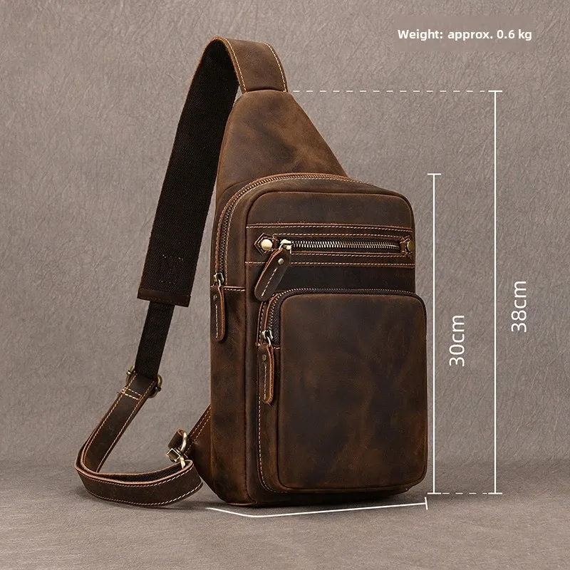 Original Crazy  Leather Large Capacity Men's Casual Crossbody Backpack Genuine Leather iPad Bag Top Layer Cowhide Single...