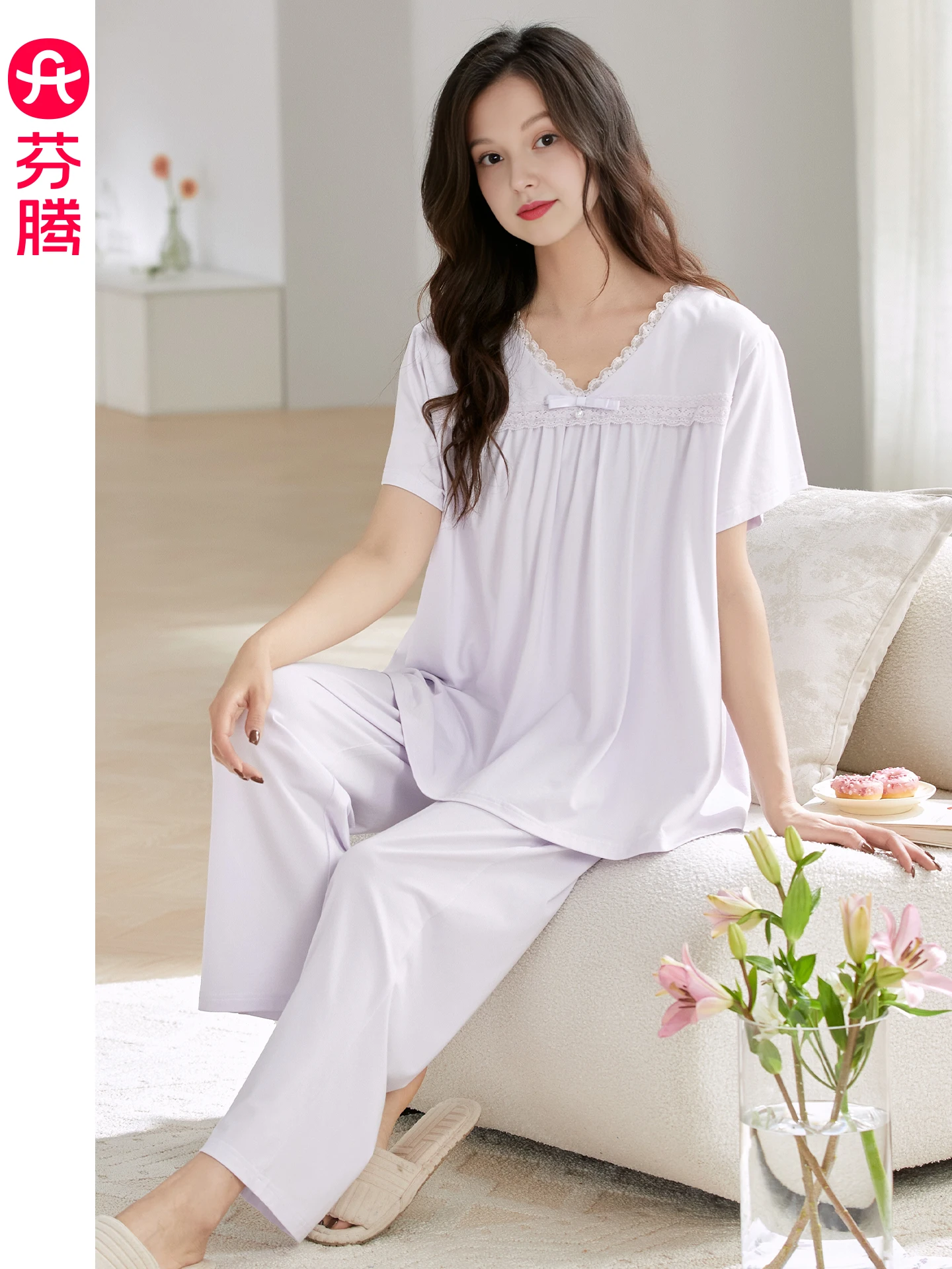 fenteng-women's-summer-sleepwear-short-sleeve-long-pants-modal-cotton-lace-v-neck-casual-style-home-clothes-set-lightweight