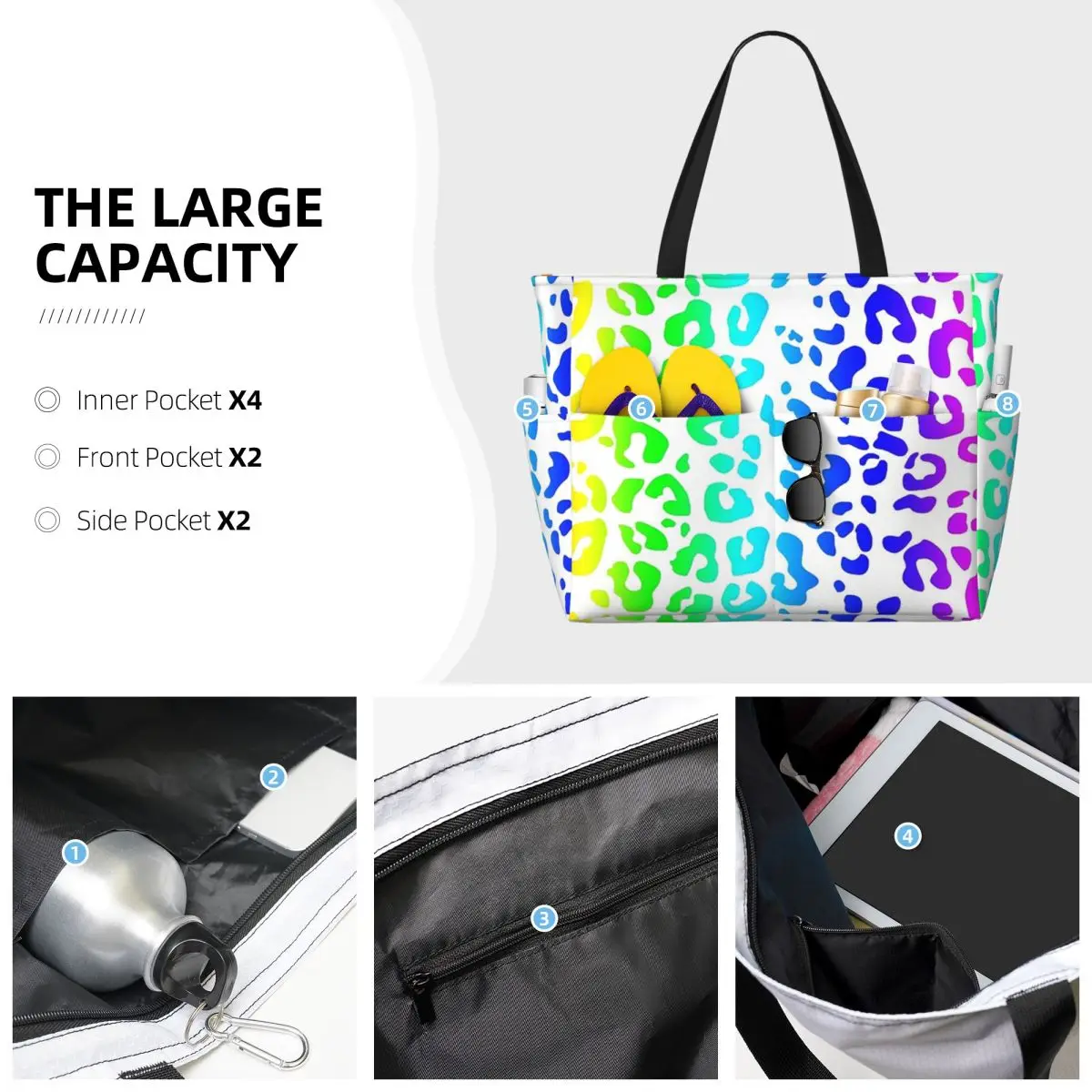 Tas Tote Pantai Motif Macan Tutul Pelangi dan Bintik Putih Tas Tote Besar untuk Olahraga Gym Yoga Tas Travel Wanita Tas Kebugaran